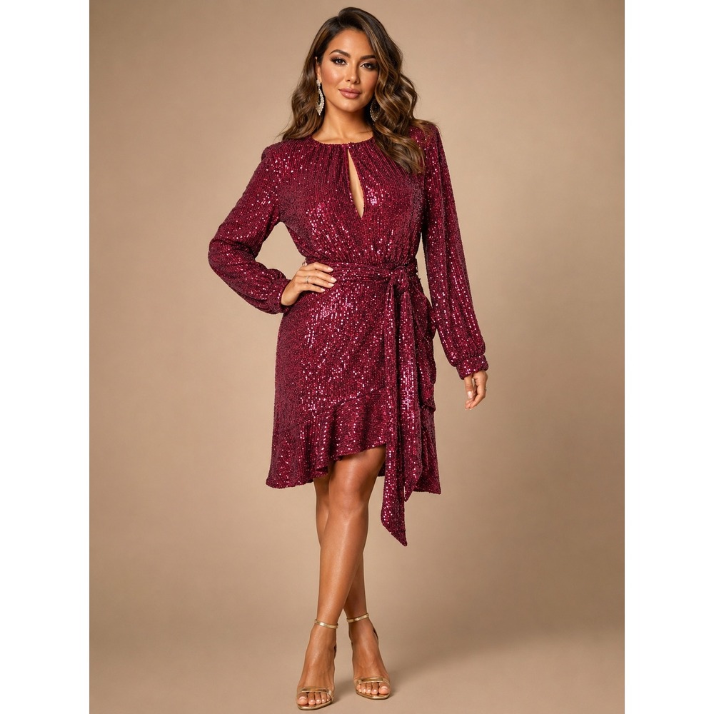 Sachin & Babi Burgundy Sequin Midi Dress L Designer Runway Glam Luxe Holiday NYE